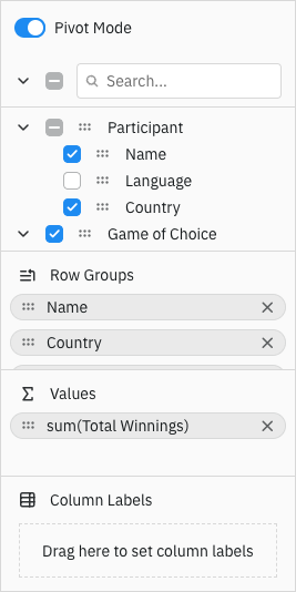 AG Grid Tool Panel Section